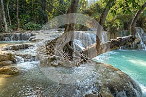 Waterfall in rain forest Tat Kuang Si Waterfalls at Luang prabang, Laos.