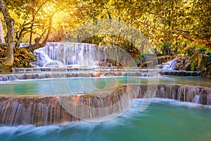 Waterfall in rain forest (Tat Kuang Si Waterfalls at Luang prabang, Laos.)