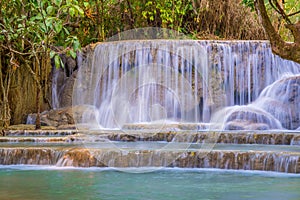 Waterfall in rain forest (Tat Kuang Si Waterfalls at Luang praising.