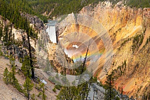 Waterfall and rainbow in colorful canyon in Yellowstone National Park