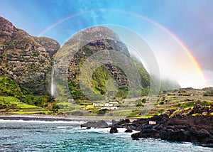 Waterfall with rainbow in Faja Grande, Flores Island, Azores, Portugal, Europa photo