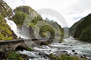 Waterfall, river and bridge in Norway