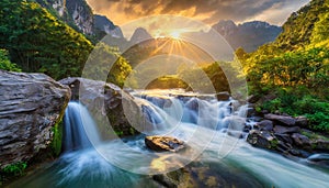 Waterfall and river flow in mountain region at sunrise