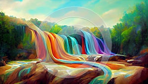 Waterfall river flow in rainbow colored forest. Digital illustration. AI-generated