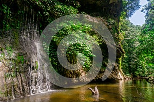 Waterfall and river at the tropical rainforest jungle in Gunung Mulu National park. Sarawak