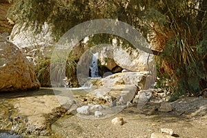 Waterfall in the rocks of Ein Gedi Dead Sea