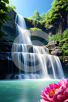 Waterfall between rocks with a large flower in the foreground.