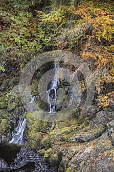 Waterfall at the Rocks of Solitude Gorge in Scotland.