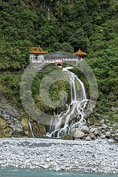 Waterfall, rocky river and Eternal Spring Shrine at Taroko, Taiwan