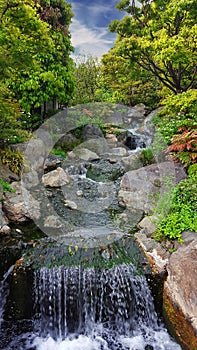 A waterfall running down the stones in a picturesque forest