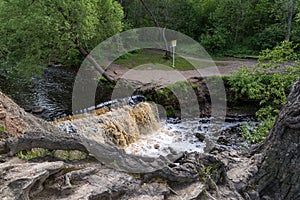 Waterfall on Sablinka River in the Leningrad Region. Sablinsky nature reserve. Russia