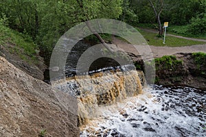 Waterfall on Sablinka River in the Leningrad Region. Sablinsky nature reserve. Russia