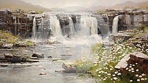 Waterfall Scene With White Flowers In Scarlett Hooft Graafland Style