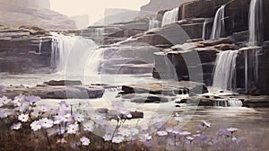 Waterfall Scene With White Flowers In Scarlett Hooft Graafland Style