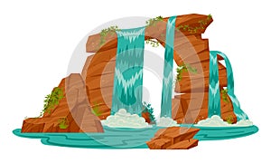Waterfall scenery. Cartoon tropical streaming water cascade view, mountain rock wild nature waterfall flat vector illustration