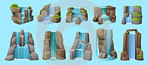 Waterfall set. Water cascade stream on stones, cartoon scenic river flow on cliff natural tropical paradise panorama