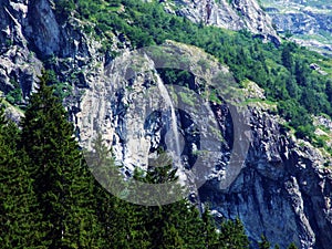 Waterfall Sidensackfall or Wasserfall Sidensackfall, Spritzbach stream in the Alpine Valley of Maderanertal