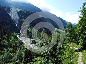 Waterfall Stauber or Wasserfall StÃ¤uber, Brunnibach stream in the Alpine Valley of Maderanertal