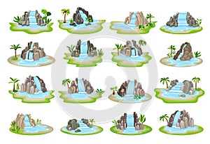 Waterfall with Stone Rock Cascade with Streaming Water Big Vector Set