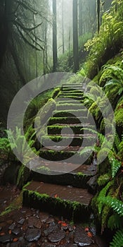 Waterfall Stone Steps Path Covered With Shamrock Clovers and Tiny Green Flowers AI Generative