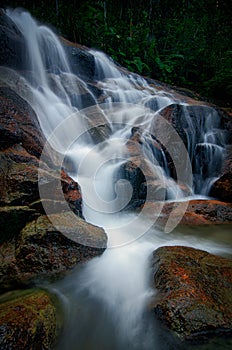 Waterfall stream down, flowing in the tropical rainforest