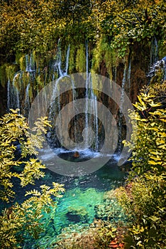 Waterfall at summer. National Park Plitvice Lakes.