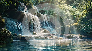 Waterfall with Sunbeams and Cascading Water over Rocks