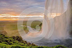 Waterfall at sunset, Iceland