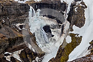 The waterfall surrounded by ice and snow