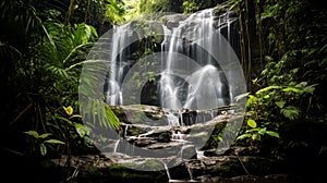 Waterfall surrounded by lush greenery in a tropical rainforest