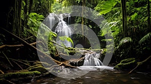 Waterfall surrounded by lush greenery in a tropical rainforest