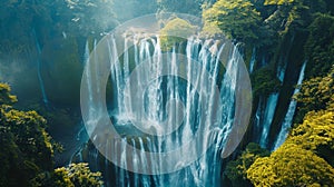 A waterfall is surrounded by trees and lush green vegetation, AI