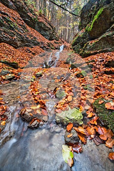 Waterfall in Tajovska dolina gorge near Tajov village during autumn