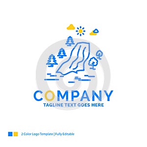 waterfall, tree, pain, clouds, nature Blue Yellow Business Logo