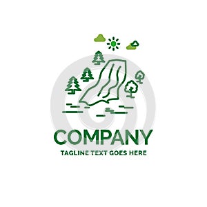 waterfall, tree, pain, clouds, nature Flat Business Logo templat