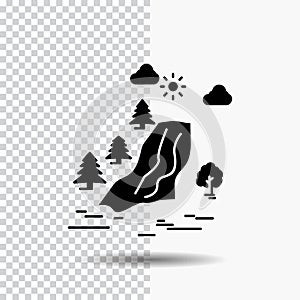 waterfall, tree, pain, clouds, nature Glyph Icon on Transparent Background. Black Icon