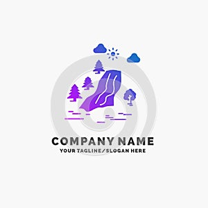 waterfall, tree, pain, clouds, nature Purple Business Logo Template. Place for Tagline