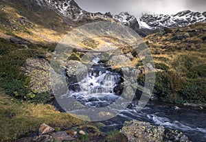 Waterfall at Tristaina Lakes in the Pyrenees, Andorra