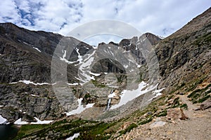 Waterfall Tumbles from Chasm Lake Below Longs Peak