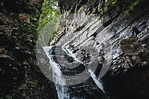 Waterfall in the Ukrainian Carpathians Gorgany mountain range. Bukhtivets waterfall