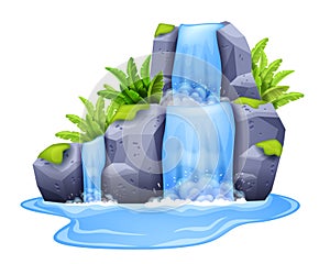 Waterfall vector illustration, tropical jungle water cascade, cartoon game nature river fall clipart.