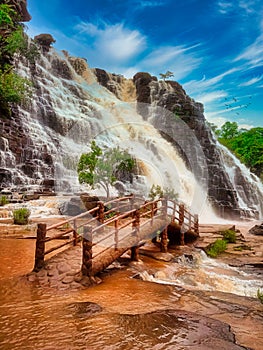Waterfall view with a clear blue sky