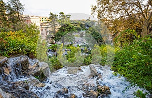 Waterfall in Villetta Di Negro Park in the city of Genoa, Italy photo