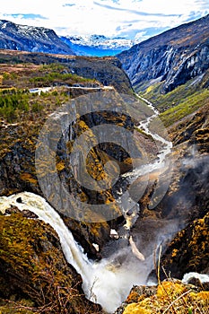 The waterfall Voringfossen and the river flowing through the gorge