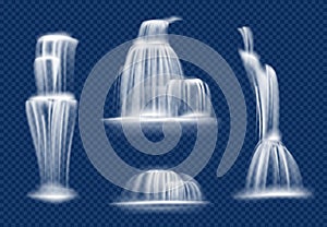 Waterfall. Water cascade flowing with splashes and drops fast transparent natural vector realistic waterfall