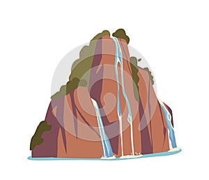 Waterfall And Water Cascade. Isolated Cartoon Vector Hill With Falling Flow, 2d Design Element Of Natural Environment
