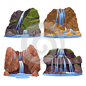 Waterfall, water cascade or mountain river fall