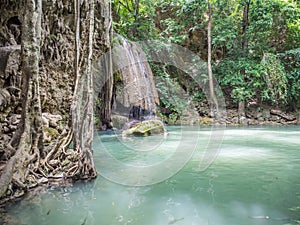 The waterfall with water levels declines due to warming temperature