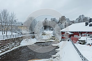 Waterfall in winter, strong current, frozen ice and trees in other. landscape photography Frost, ice, cold concept. Old