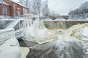 Waterfall in winter, strong current, frozen ice and trees in other. landscape photography Frost, ice, cold concept. Old